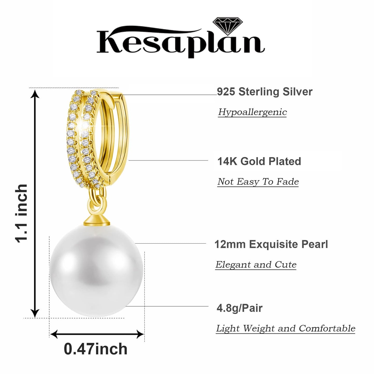 Pearl Earrings for Women 14K Gold Plated Hypoallergenic Pearl Earrings 5A Cubic Zirconia Dangle Earrings Elegant Jewelry (4-Gold)