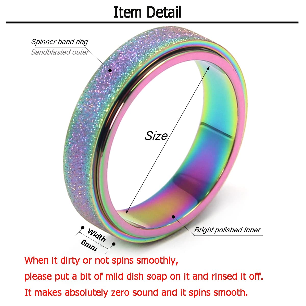 OreilleStar Anxiety Ring for Women Fidget Spinner Ring Fidget Toys Adults Titanium Stainless Steel Thumb Ring 6mm Wide Rainbow Size 9