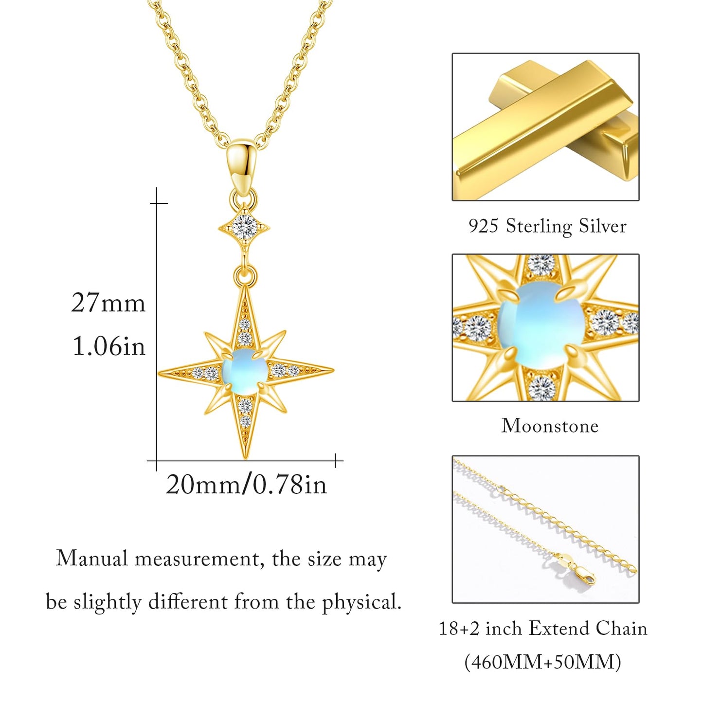 Silikepa Star Necklace for Women 925 Sterling Silver Gold North Star Pendant Necklace with Moonstone Jewelry Gift for Women
