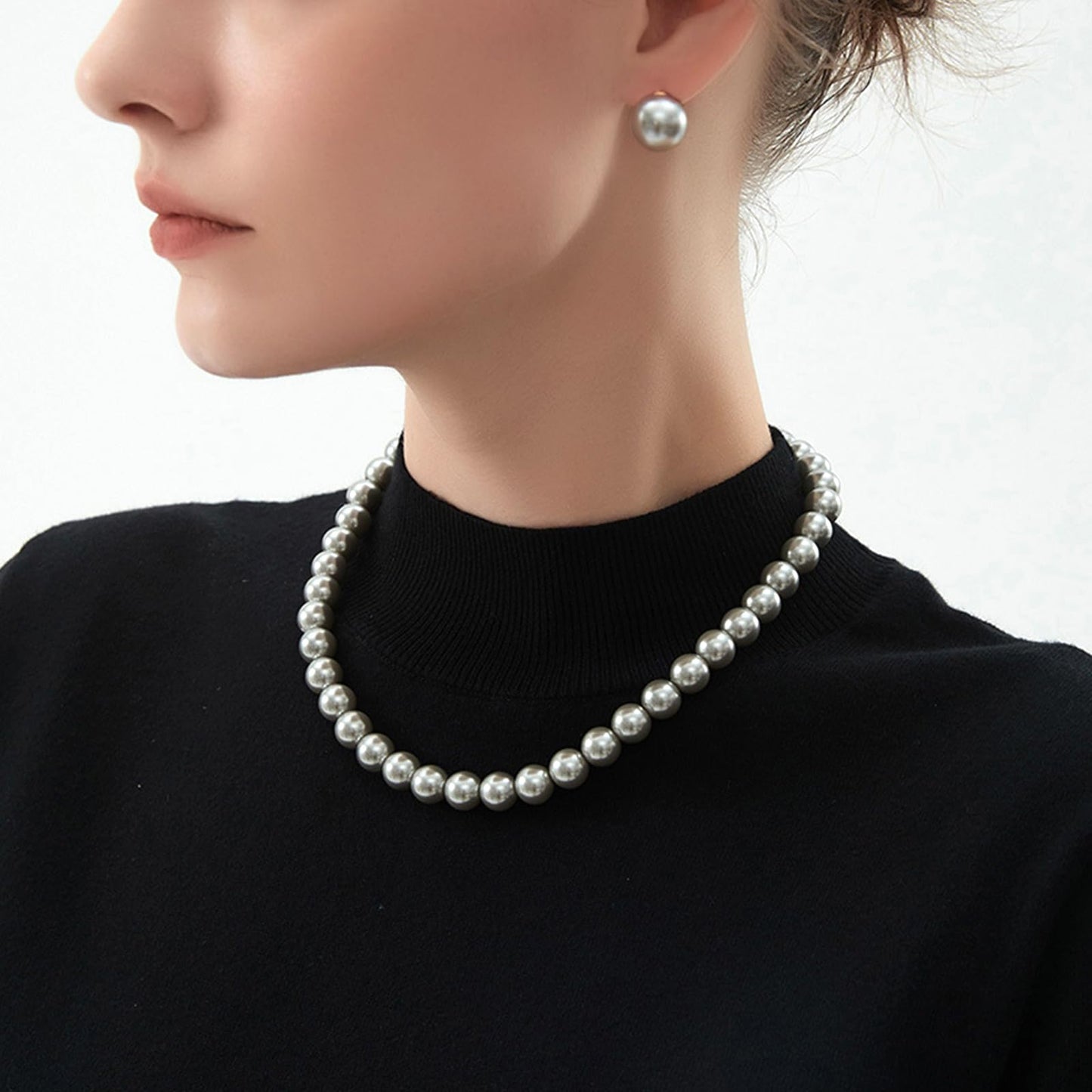 Zeffy Pearl Necklace 8MM Grey Dainty Round Imitation Pearl Handmade Beaded Choker Necklace Wedding Pearl Necklace Delicate Jewelry for Women Simple Bridesmaid Jewelry Gifts