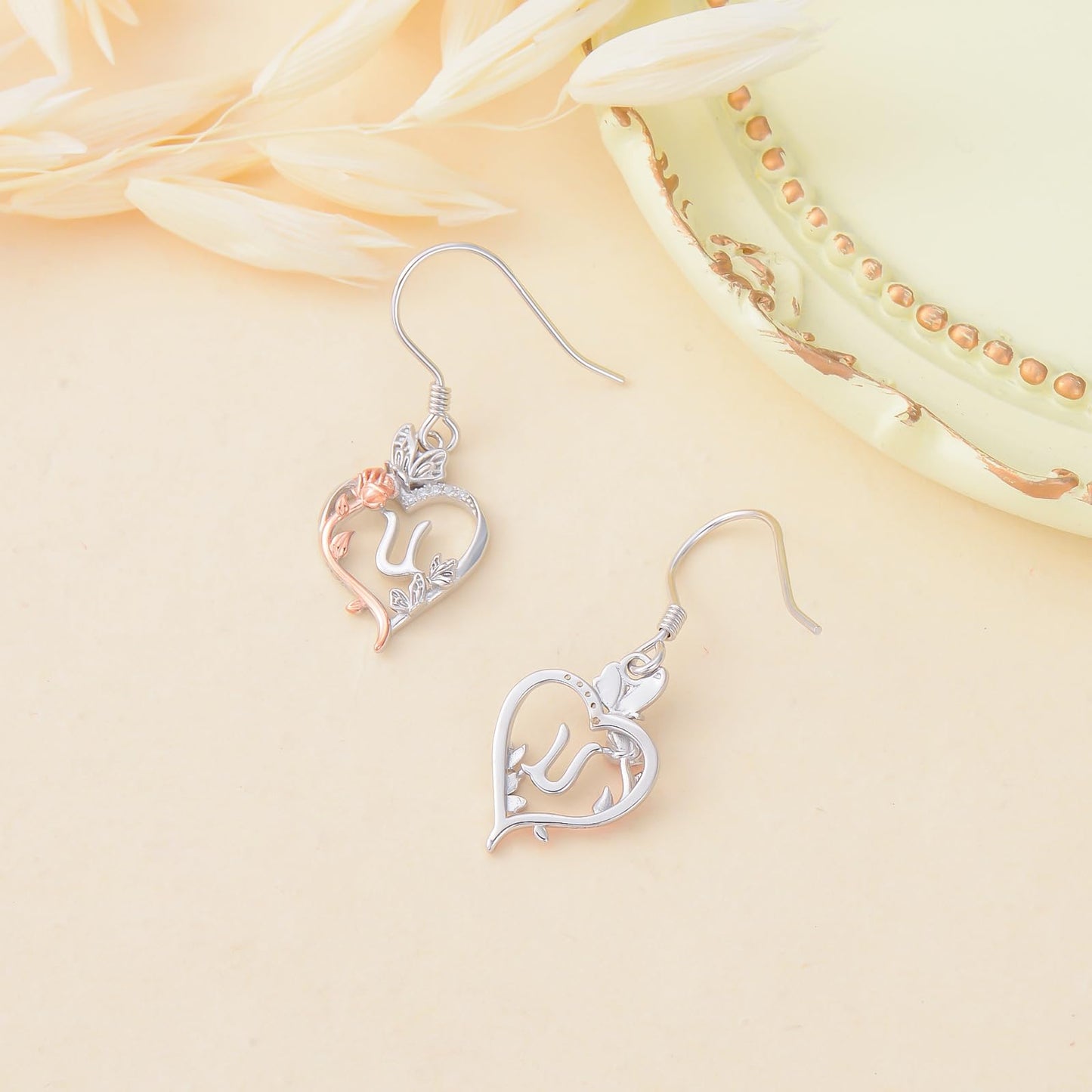 TOUPOP Rose Heart Initial Earrings Sterling Silver Butterfly Earring Initial U Letter Drop Dangle Earrings Jewelry Anniversary Birthday Mothers Day Gifts for Women Mom Wife Girlfriend Her