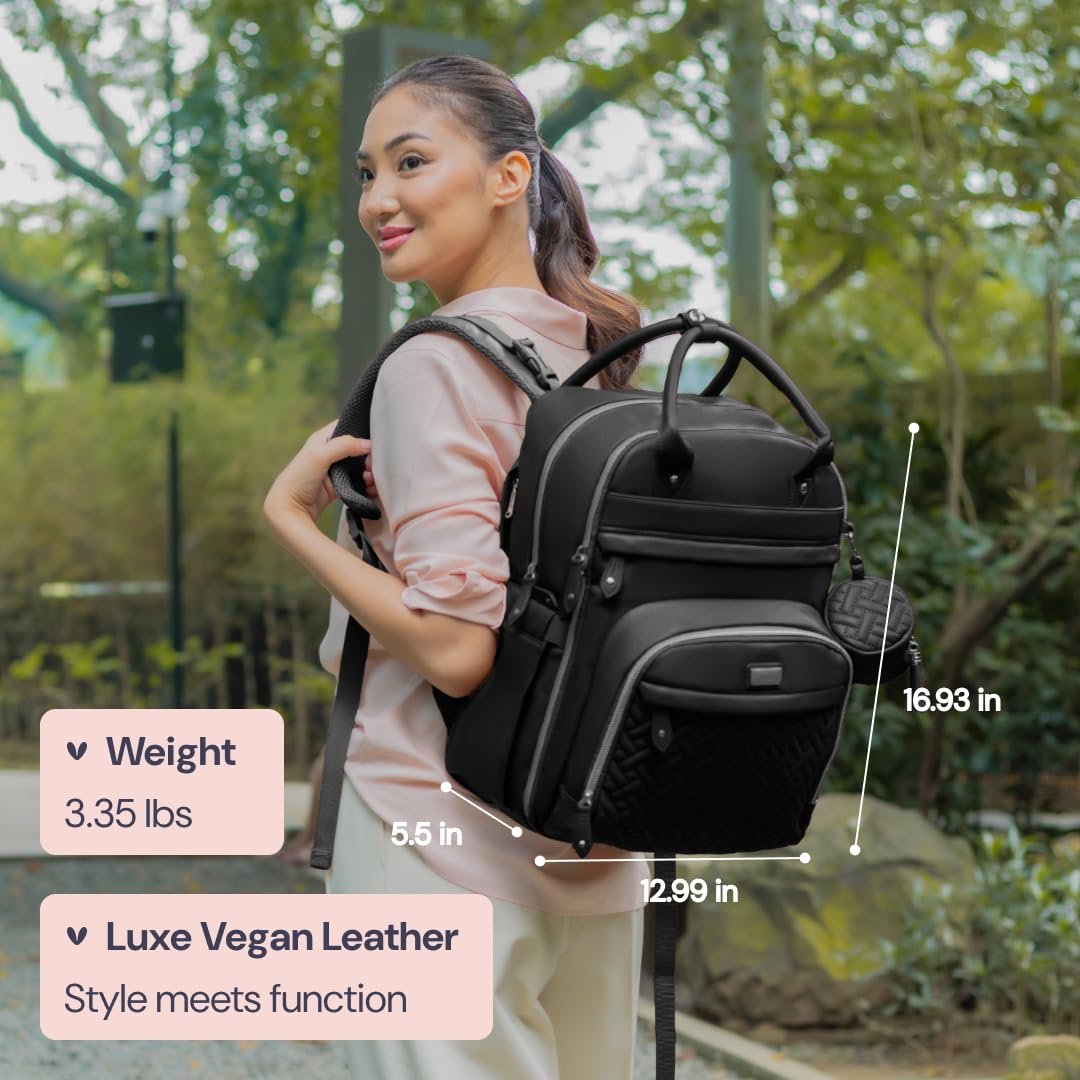 BabbleRoo Leather Diaper Bag Backpack - Baby Essentials Travel Baby Bag, Multi function, with Changing Pad, Stroller Straps & Pacifier Case – Unisex, Black