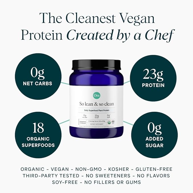 Ora Organic Vegan Protein Powder - 23g Plant Based Pea Protein + Superfood for Women and Men - Unsweetened & Unflavored - 20 Servings, No Erythritol, Keto-Friendly, Gluten-Free, Paleo, Soy-Free