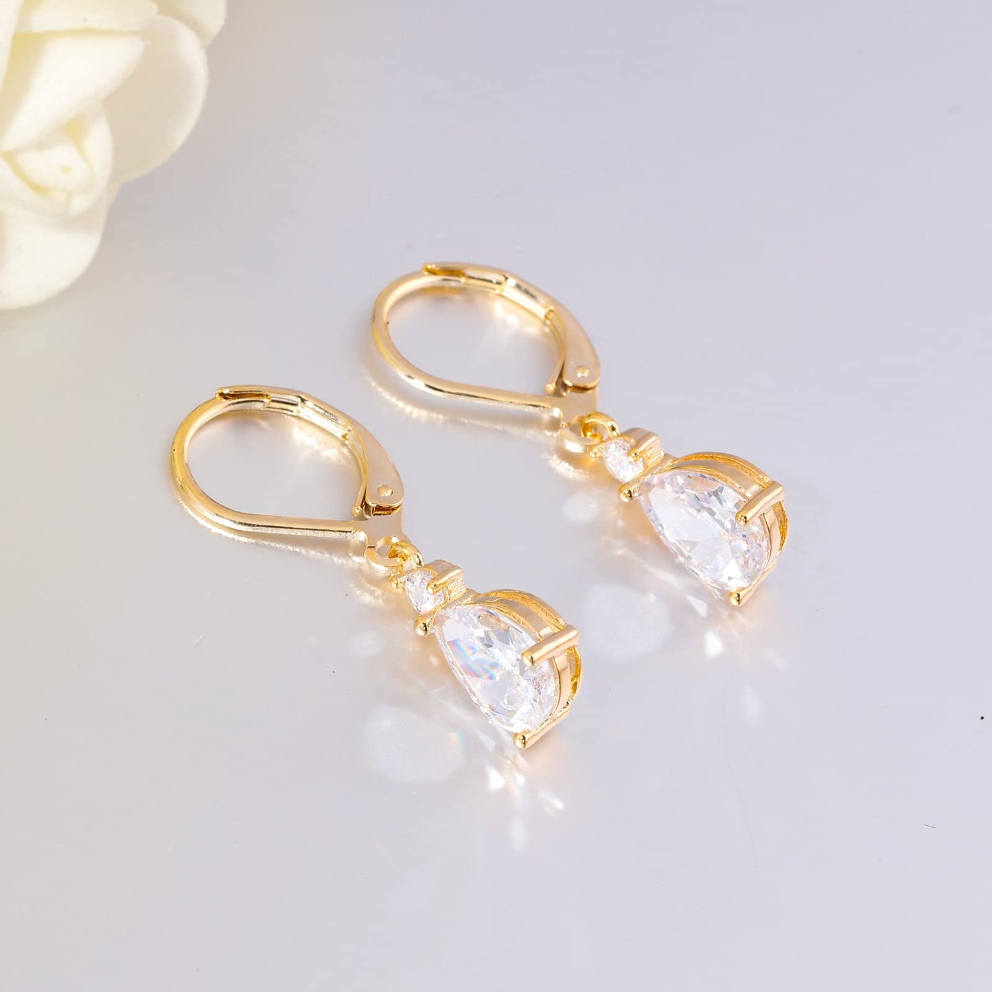CiNily Leverback Dangle Earrings for Women 14K Gold Plated Drop Earrings White Cubic Zircon Fashion Teardrop Hoop Earrings Hypoallergenic Jewelry for Sensitive Ear