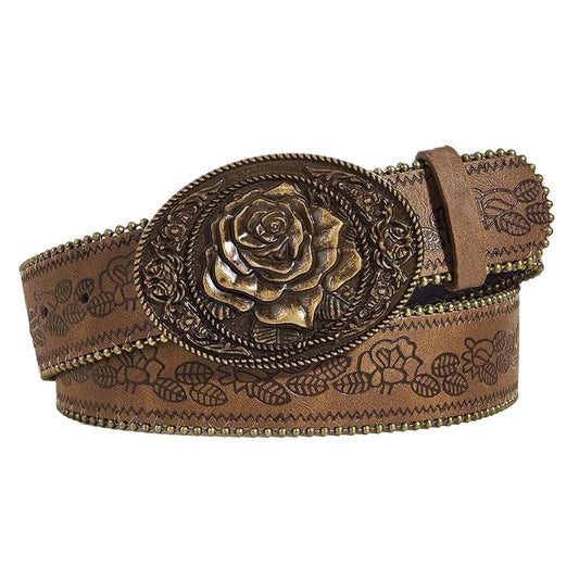 Flimire Women Western Belt with Heart Embossed Buckle Vintage Brown Belt for Jeans Pant Dress Cowgirl Cowboy Belts (Brown-Flower Buckle, Fit Waist Size:34''43'')