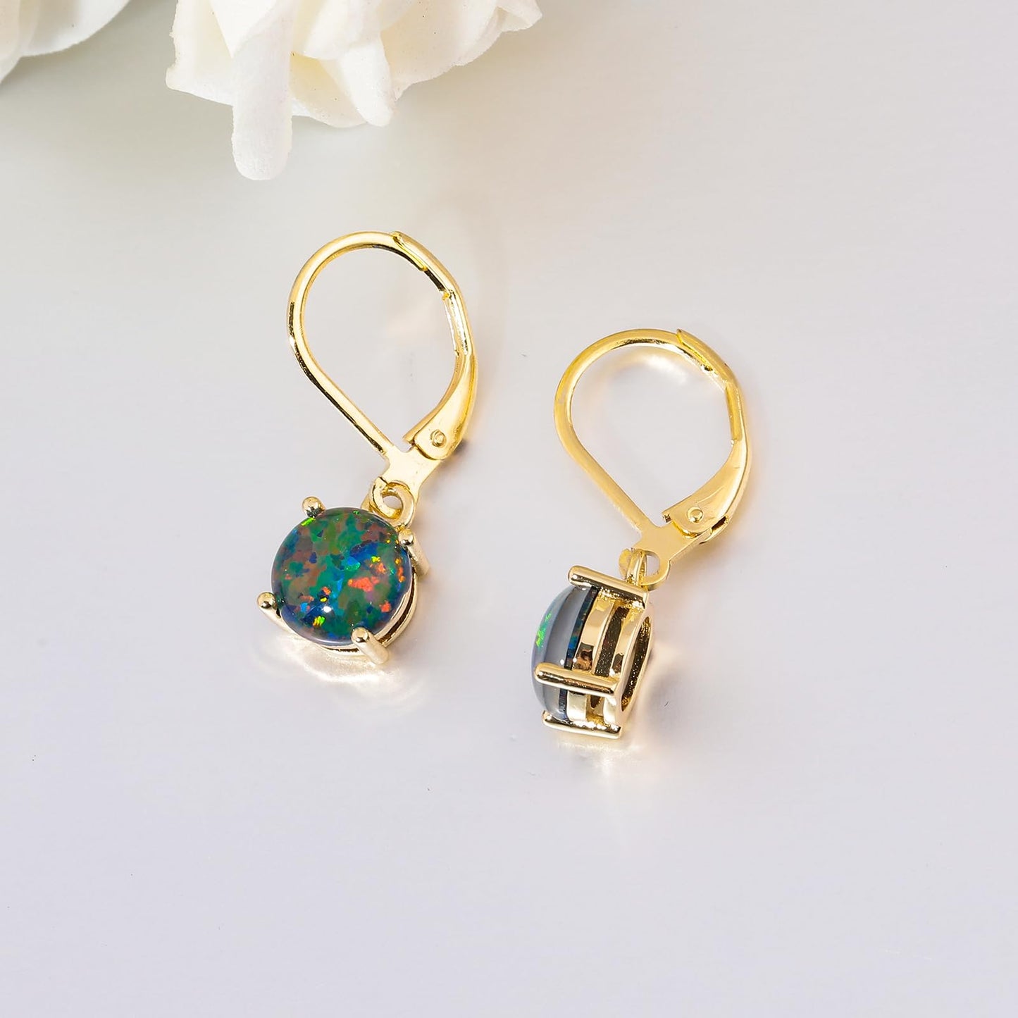 CiNily Round-Cut Opal Dangle Earrings for Women Hypoallergenic Black and Green Fire Opal Rhodium Plated Leverback Gemstone Drop Earrings Jewelry