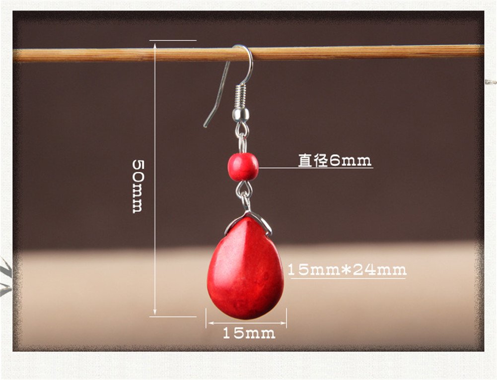 Double Lapis Lazuli Drop Earrings Natural Stone Round Bead Dangle Earrings for Women Fashion Jewelry Gift­ (F:red)