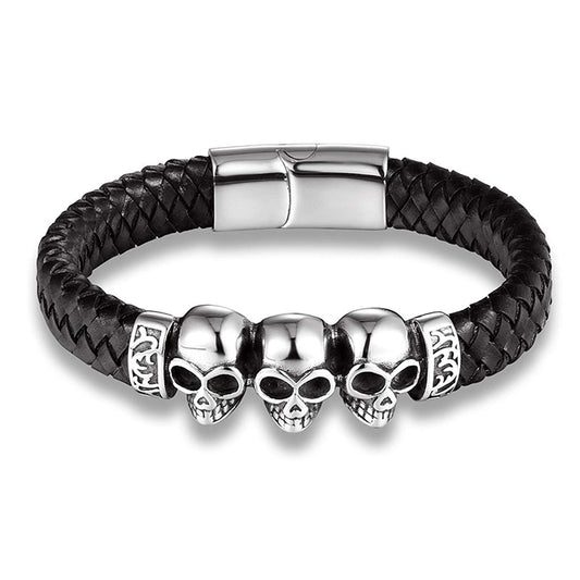 HAQUIL Gothic Punk Triple Skull Leather Wristband Cuff Bracelet. Goth Skull Jewelry Gift for Men