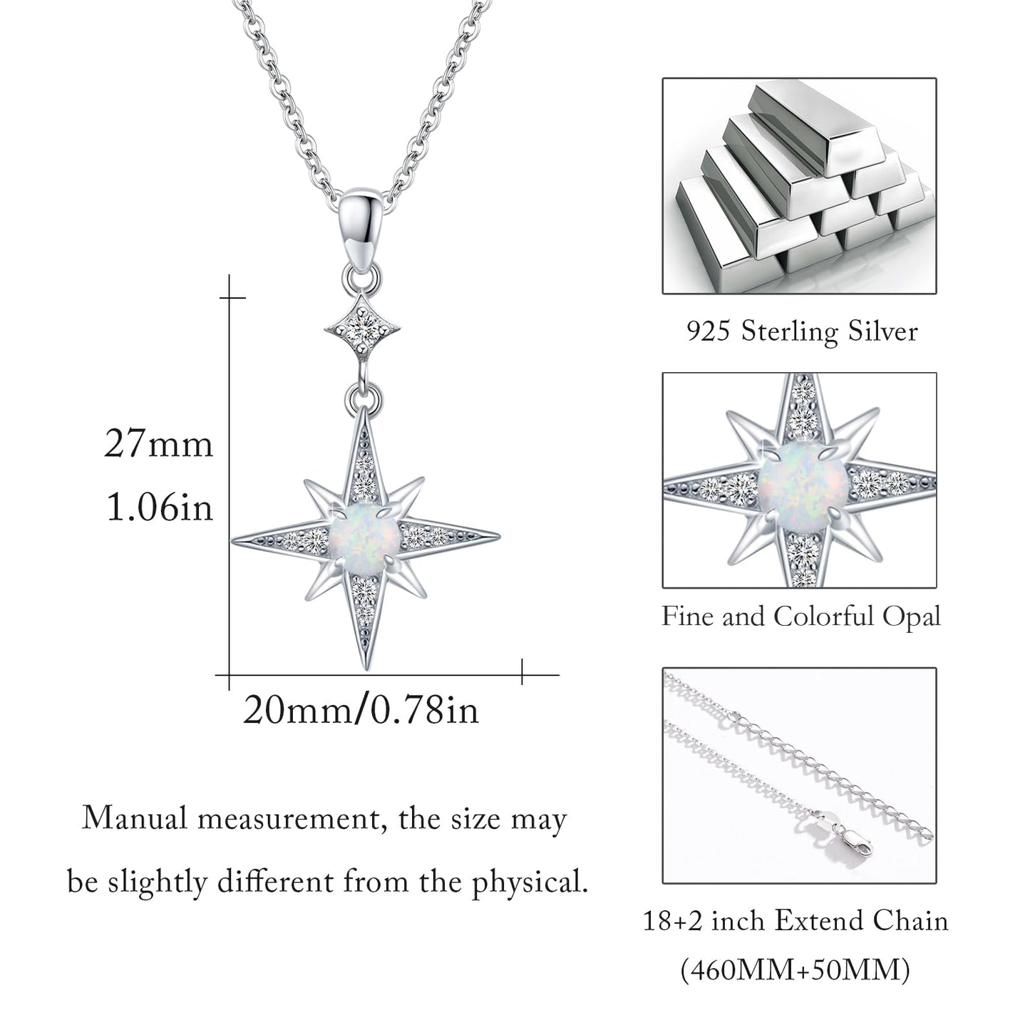 Silikepa Star Necklace for Women 925 Sterling Silver North Pole Star Pendant Necklace with White Opal Jewelry Gift for Women