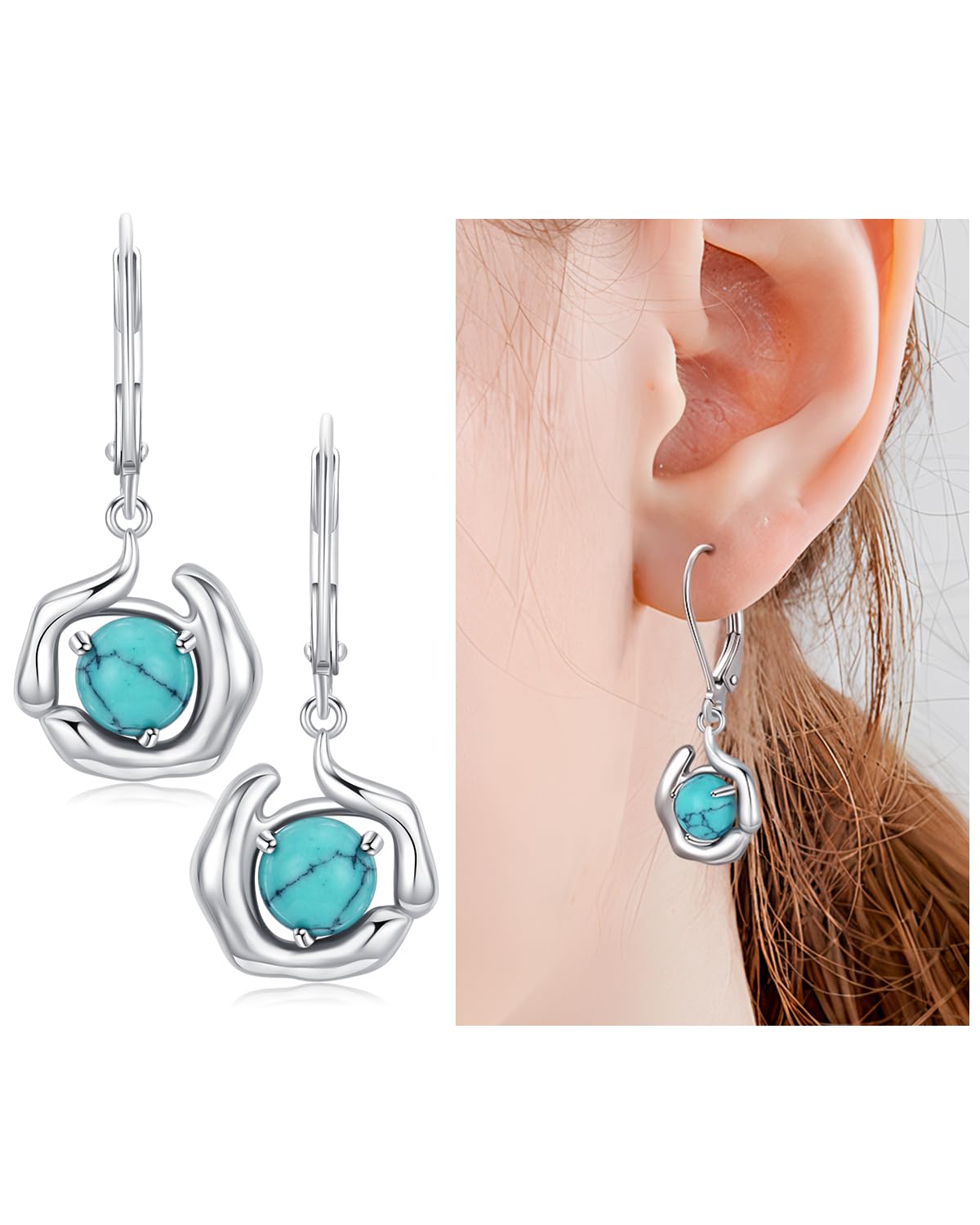 Turquoise Jewelry for Women-Genuine Turquoise Leverback Earring 925 Sterling Silver Dangle Drop Earrings Vintage Gifts for Valentine/Mother's Day/Christmas