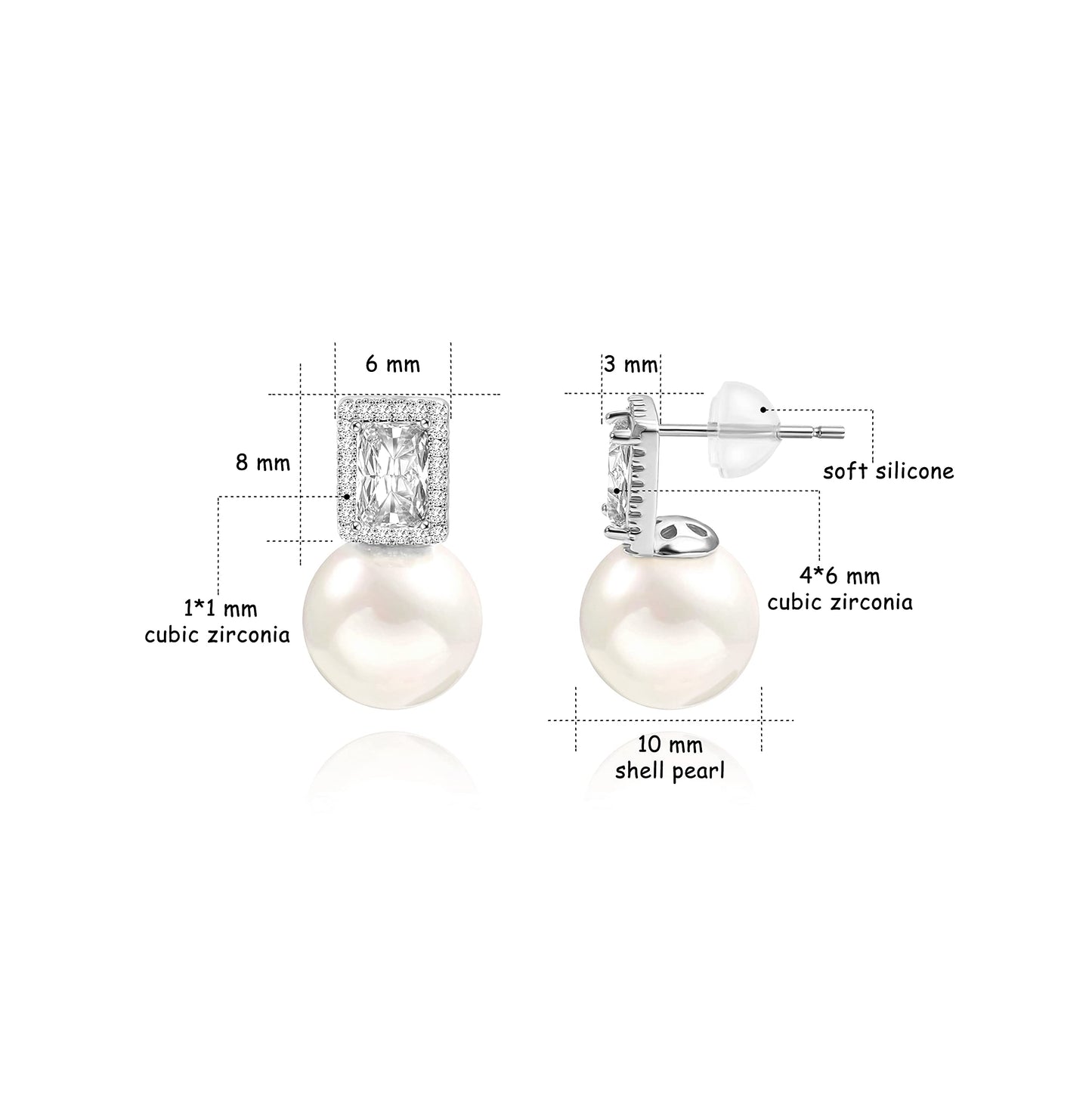 PEARLADA Silver Cubic Zirconia Halo Stud Earrings, Trendy Shell Pearl Earrings for Women, Emerald Cut Diamond Earrings, Dainty Wedding Jewelry