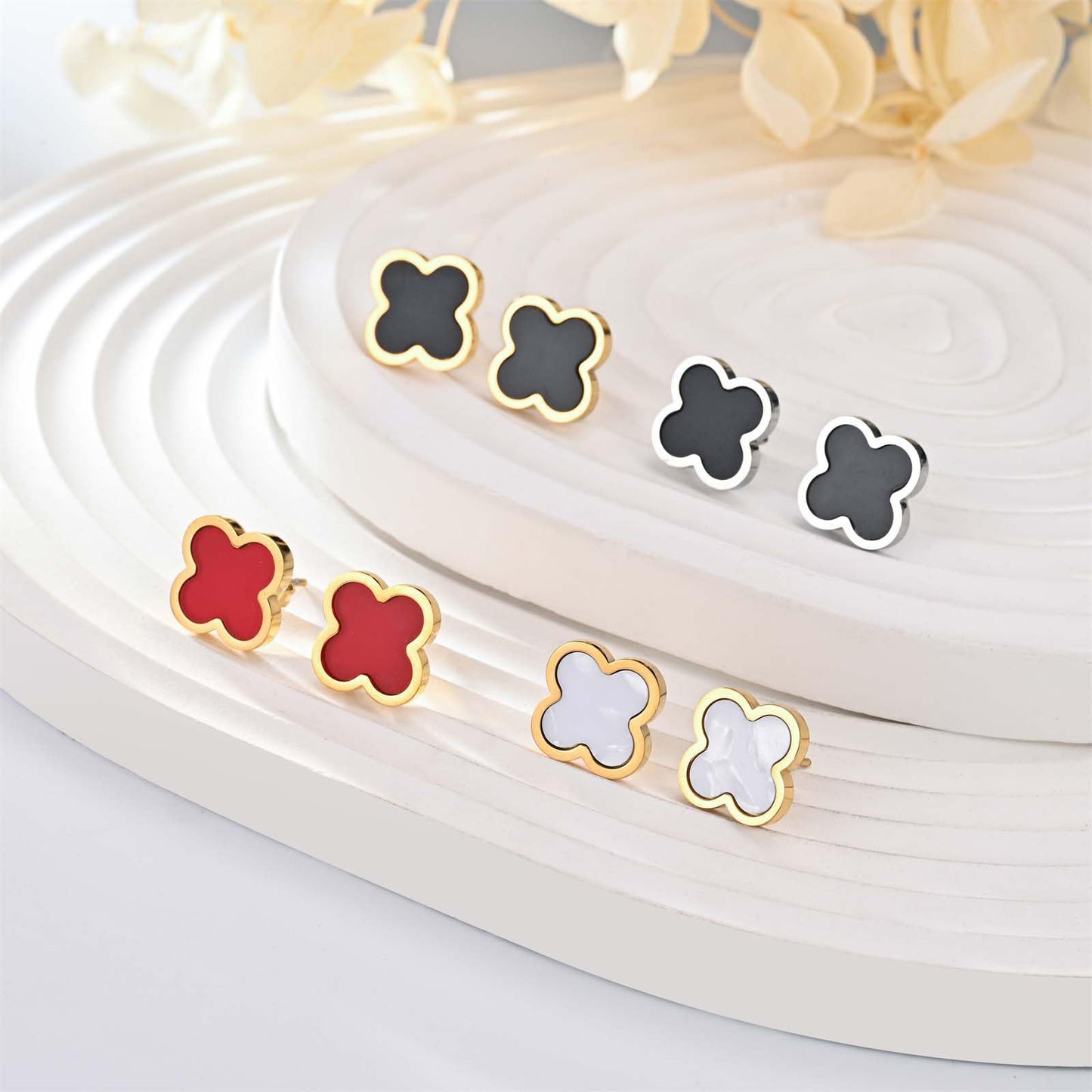 KYJAC Clover Jewelry Set - Necklace and Stud Earrings, 18k Gold Plated Four Leaf Pendant, White Black Red, Silver Black Set - Gifts for Women