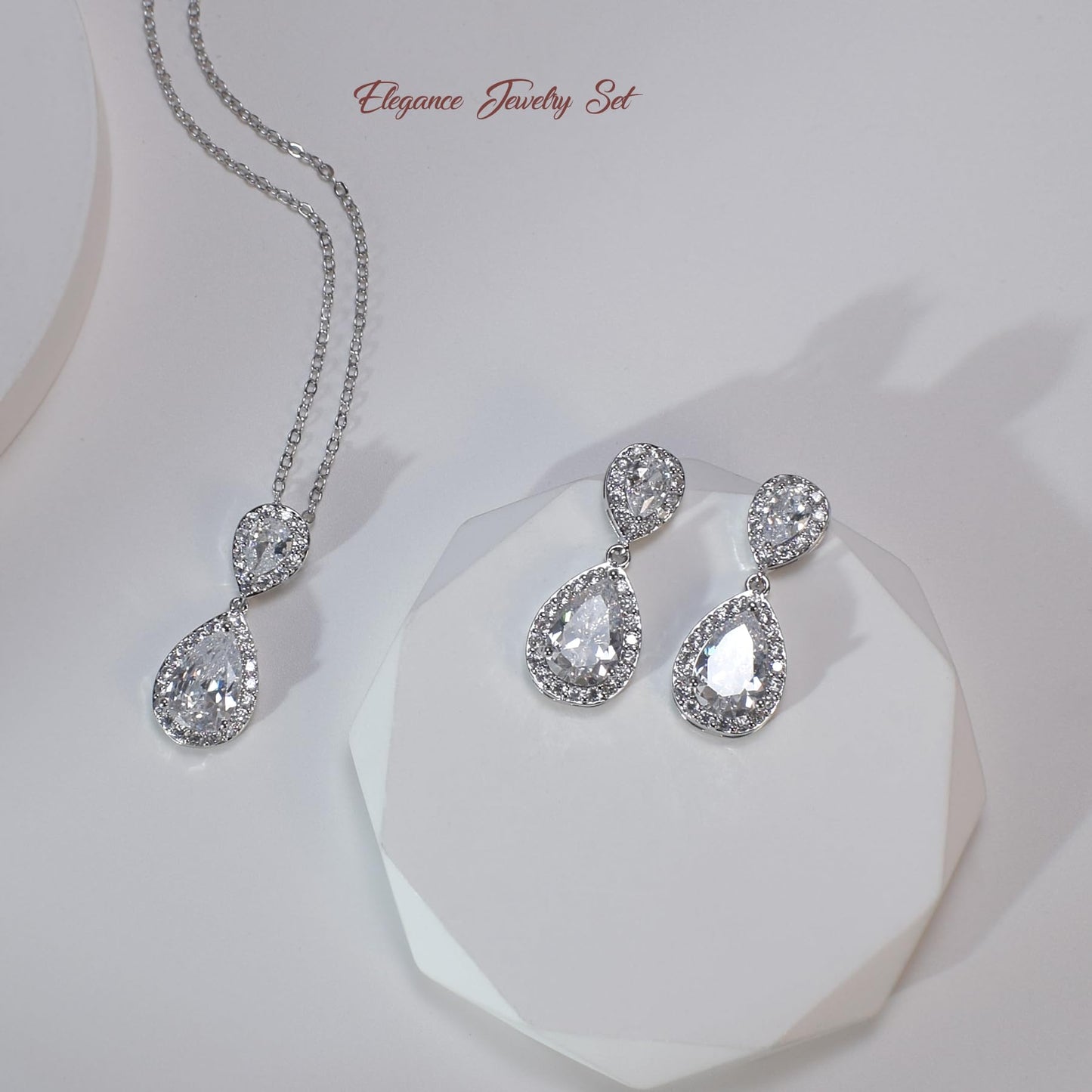 UDYLGOON Elegant Bridal Jewelry Set for Bride Bridesmaid Wedding Prom Teardrop Necklace Earrings Bracelet Set (White Gold Plated)