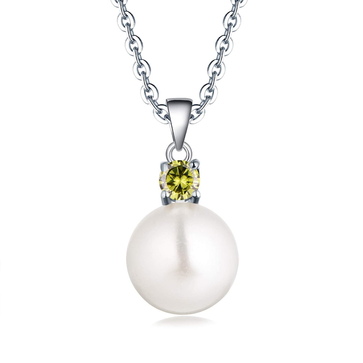 JO WISDOM Women Necklace,925 Sterling Silver Cubic Zirconia 10mm White Freshwater Pearl Pendant Necklace,August Birthstone Peridot Color