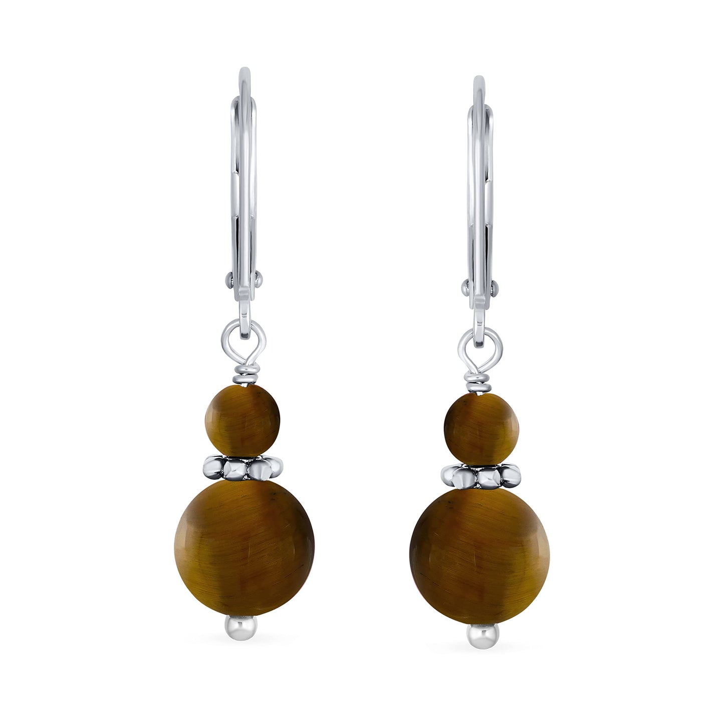 Bling Jewelry Bali Style .925 Sterling Silver Brown Tiger Eye Bead 3MM & 8mm Balls Drop Earrings Milgrain Rondel Separator Lever Back Genuine Gemstone