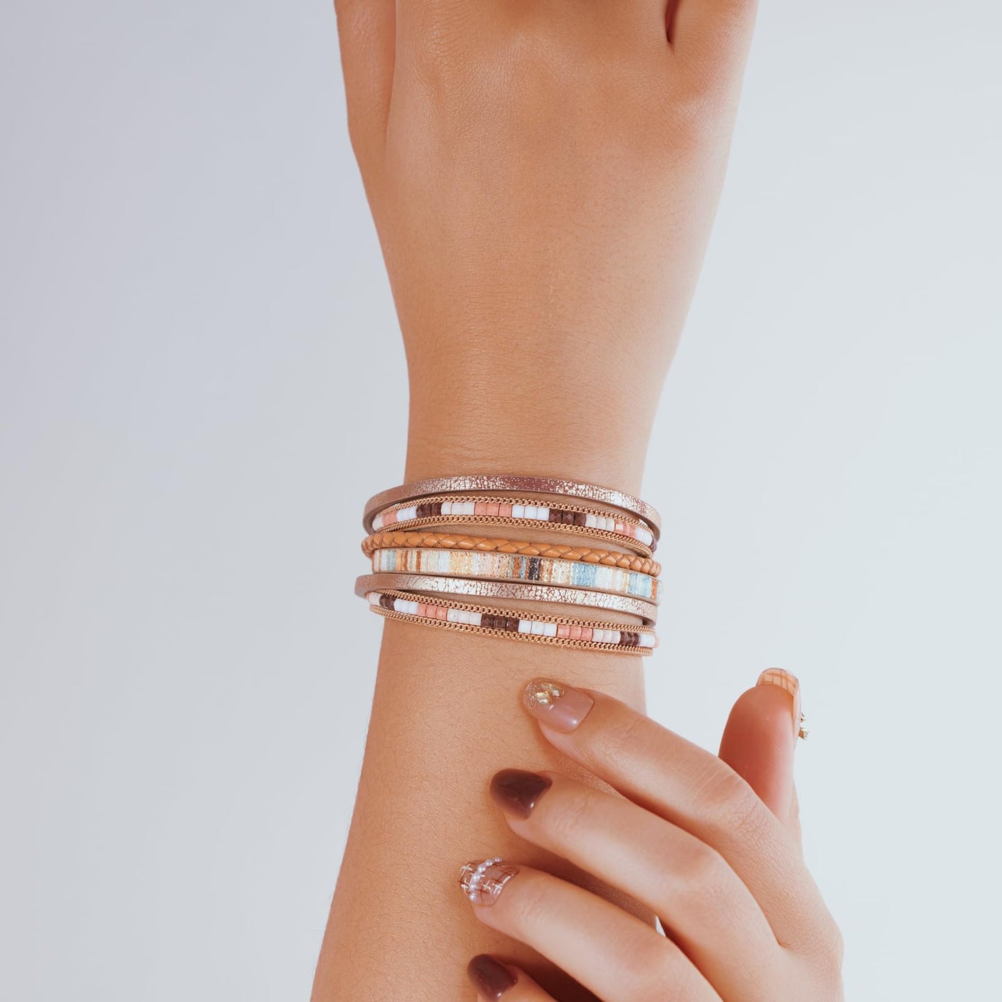 Becklynn Boho Leather Wrap Bracelets Beaded Crystal Stackable Cuff Bracelet with Magnetic Clasp Cowboy Cowgirl County Concert Outfits Western Jewelry Gifts for Women(Double Layer Brown)