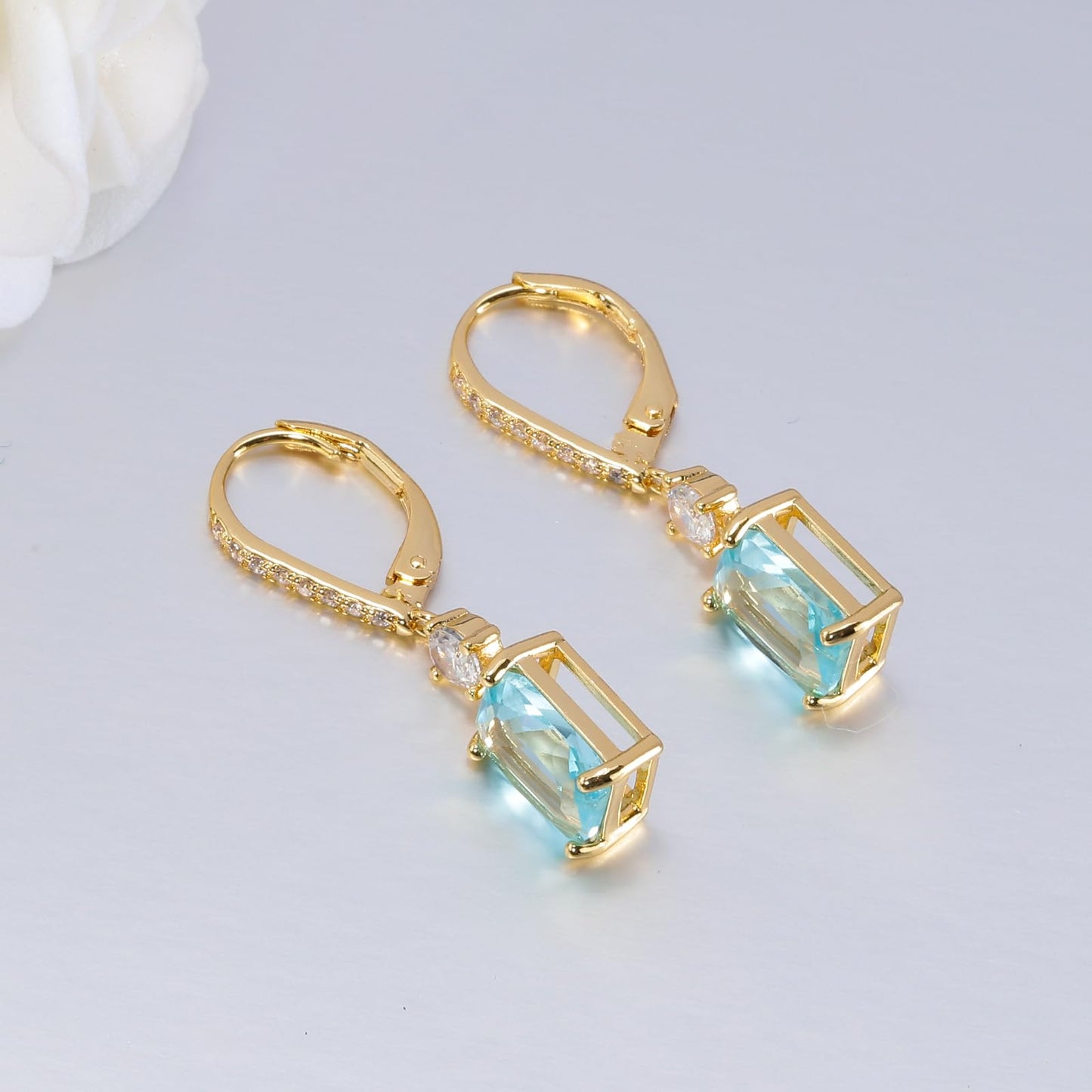 CiNily Leverback Earrings for Women Rectangular-cut Drop Dangle Earring Hypoallergenic, 14K Gold Plated Aquamarine Cubic Zircon Earrings Diamond Dangle Ear Rings Jewelry Birthday