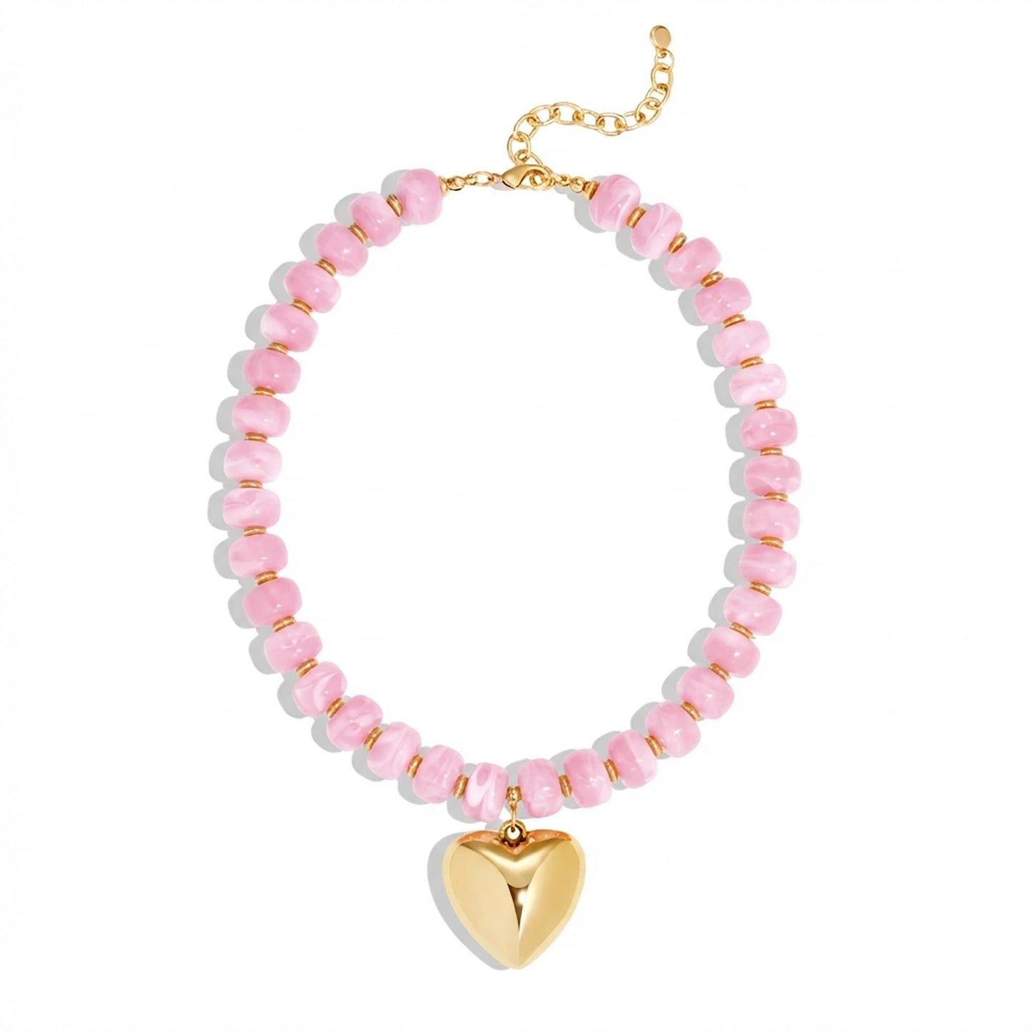 ENSKEFEN Chunky Heart Necklaces for Women Cute Pink Resin Beaded Choker Necklace Trendy Light Pink Statement Necklace Summer Beach Vacation Jewelry