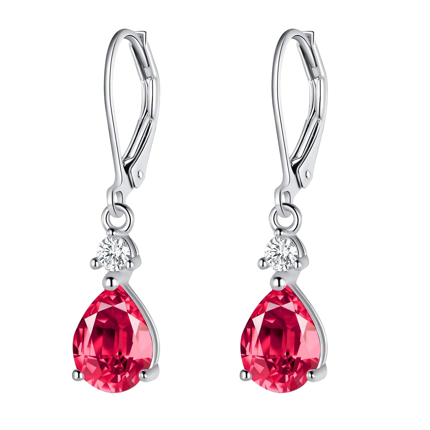 925 Sterling Silver Red CZ Teardrop Earrings Drop Dangly Earring Leverback Hypoallergenic Jewelry for Women wife