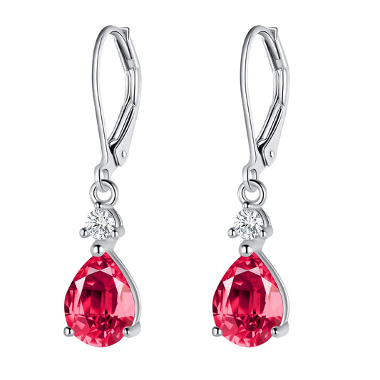 925 Sterling Silver Red CZ Teardrop Earrings Drop Dangly Earring Leverback Hypoallergenic Jewelry for Women wife