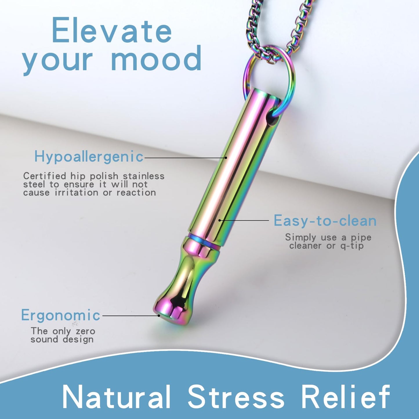 BOLAGTIER Anxiety Breathe Necklace Mindfulness Breathing Necklace Stress Relief Stainless Steel Pendant Necklace for Women Men (Rotundity, Rainbow B)