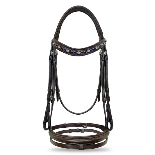 Equine Care Leather English Horse Bridle with Reins, Full Size Havana Brown, Raised Fancy-Stitched Hunter Show Bridle with Blue & Clear Crystal Browband, Padded Crownpiece, Stainless Steel Hardware.