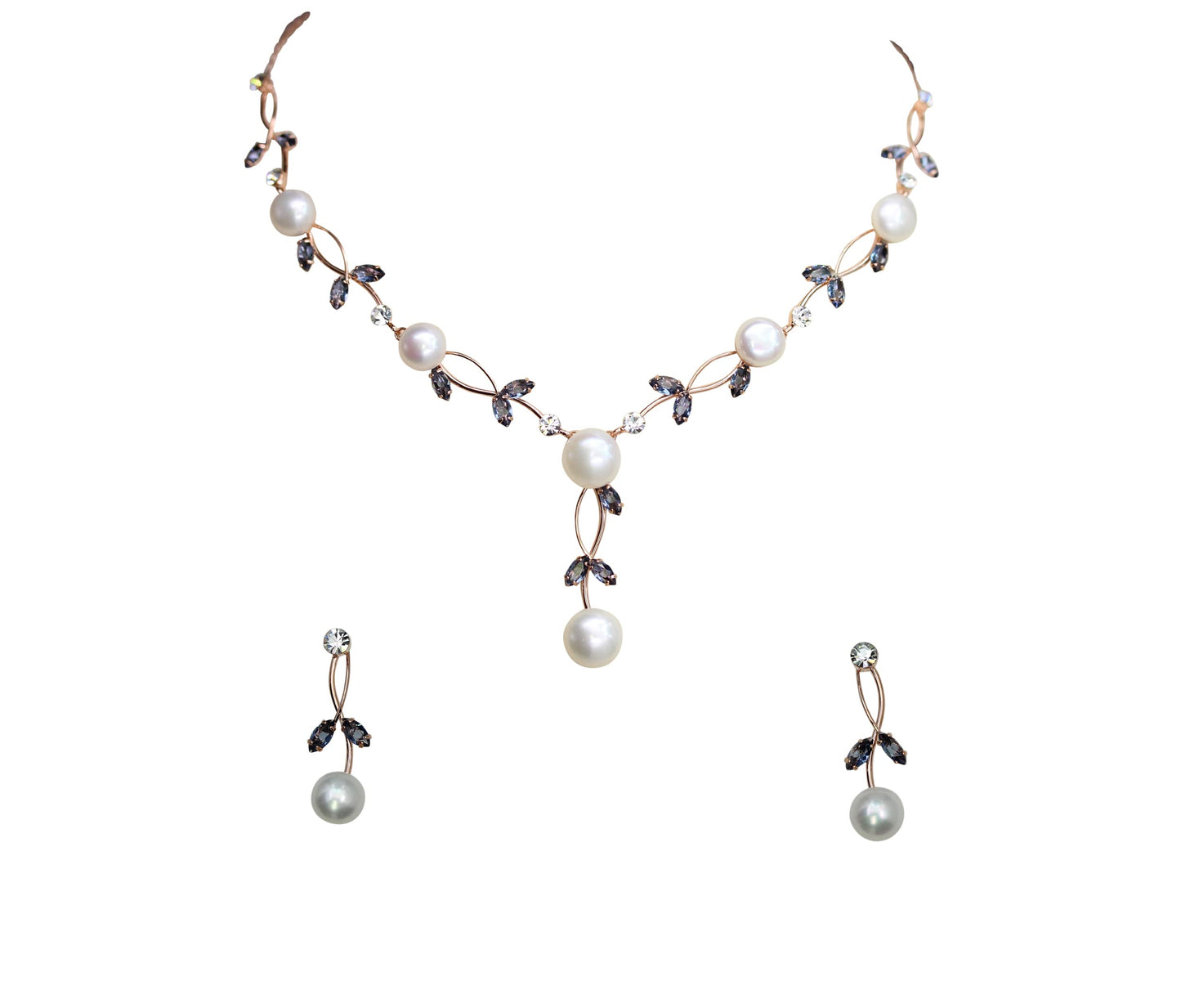 Faship Gorgeous Navy Blue CZ Crystal Genuine Freshwater Pearls Floral Necklace Earrings Set - Navy Blue/Rose Gold Plated