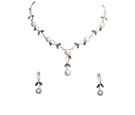 Faship Gorgeous Navy Blue CZ Crystal Genuine Freshwater Pearls Floral Necklace Earrings Set - Navy Blue/Rose Gold Plated