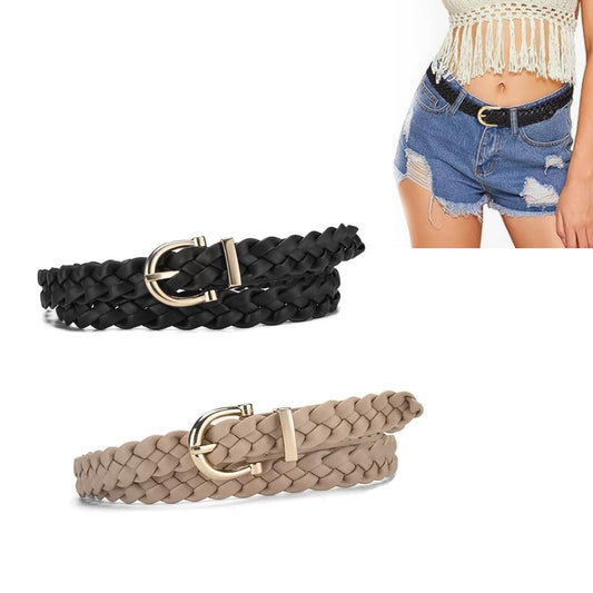 iRIIRIO 2pcs Skinny Braided Belts for Women Girls Thin Classic PU Leather Woven Waist Belt Strap for Jeans Pants Dress (Black+Khaki)