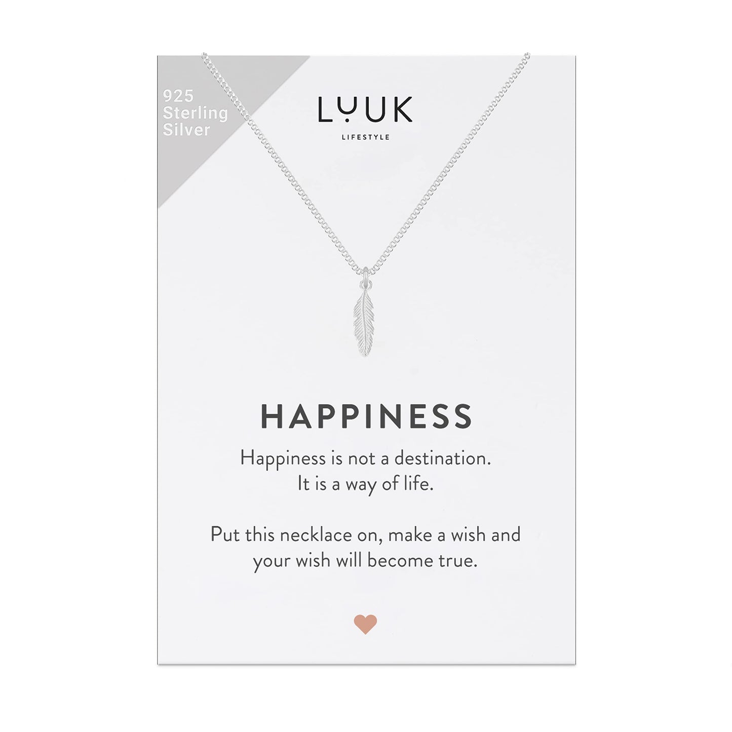 LUUK LIFESTYLE Necklace in 925 sterling silver with feather pendant and HAPPINESS gift card, trendy boho style jewelry for women, gift for friend, sweetheart, lucky charm, silver