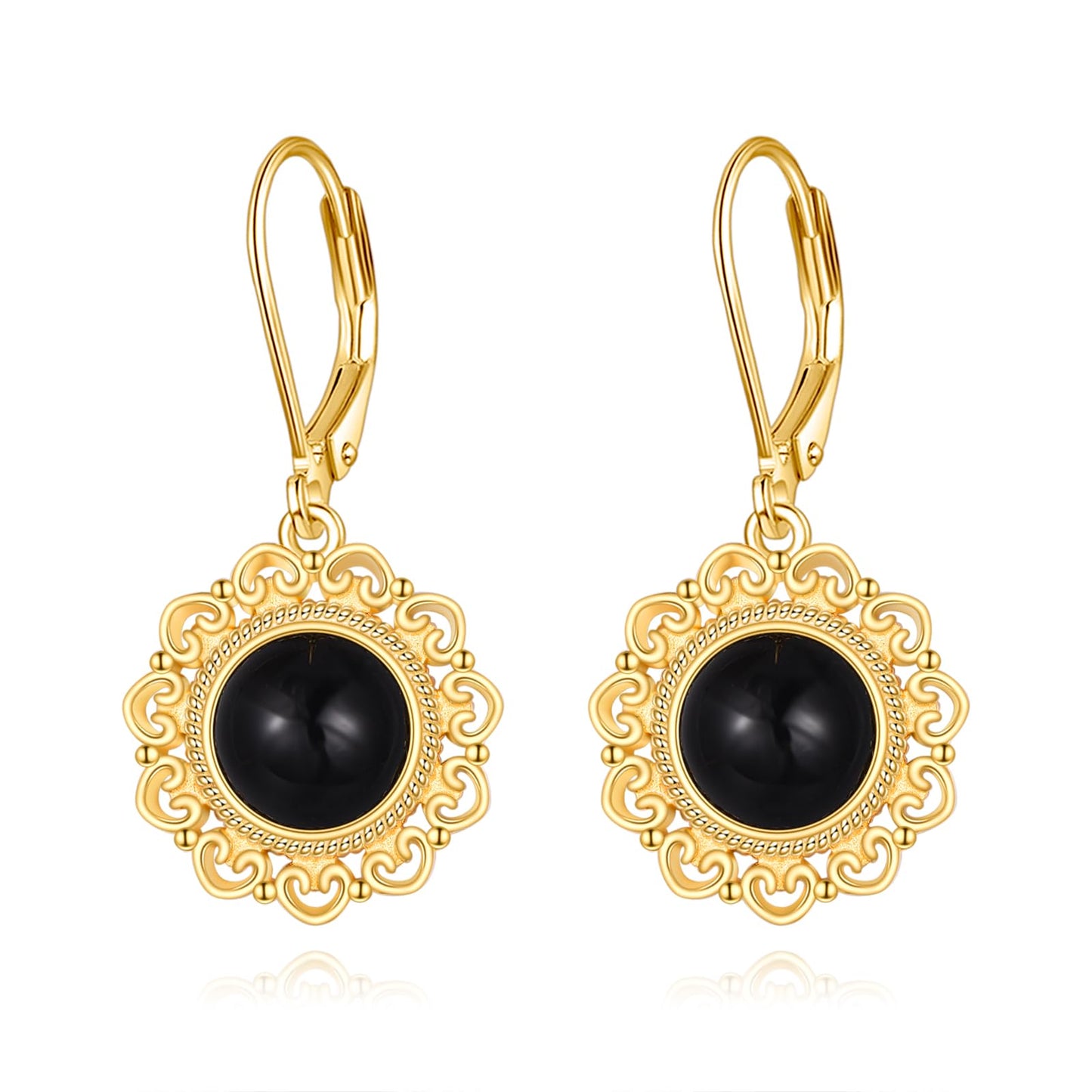 Black Onyx Dangle Drop Earrings Sterling Silver 18K Yellow Gold Plated Filigree Black Onyx Leverback Earrings