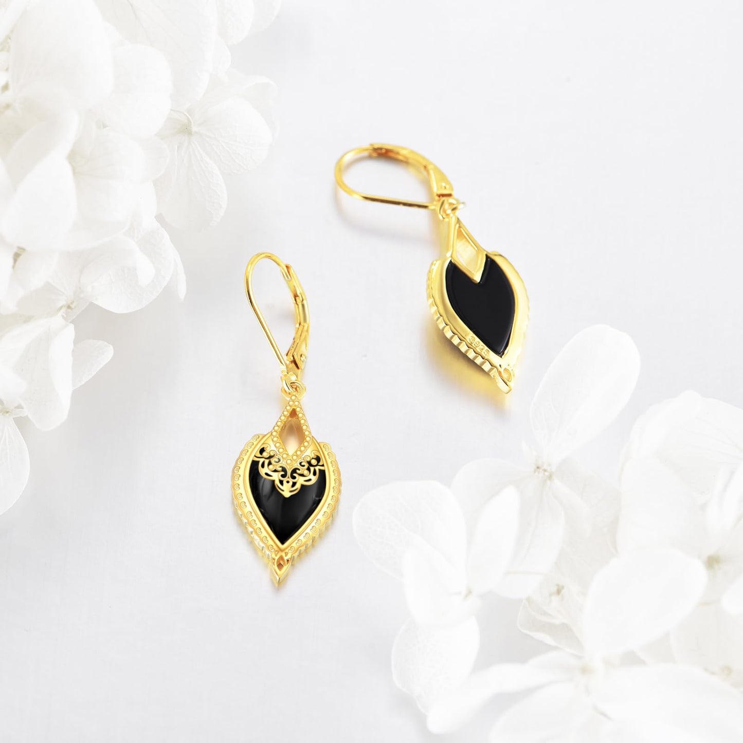Black Onyx Drop Earrings for Women Sterling Silver 18K Yellow Gold Plated Filigree Black Onyx Dangle Leverback Earrings Jewelry Gifts