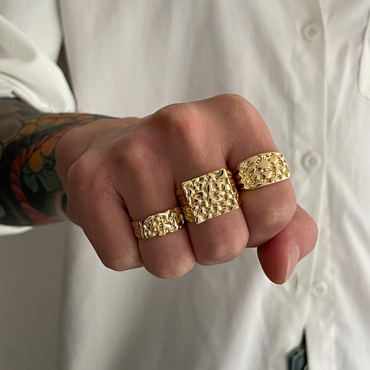 3Pcs Gold Chunky Knuckle Rings for Men Women Punk Stackable Finger Rings Set Hip Hop Harmmered Texture Statement Ring Vintage Gothic Ring Birthday Party Christmas Halloween Valentines Day Wedding Holiday Jewelry (Gold)