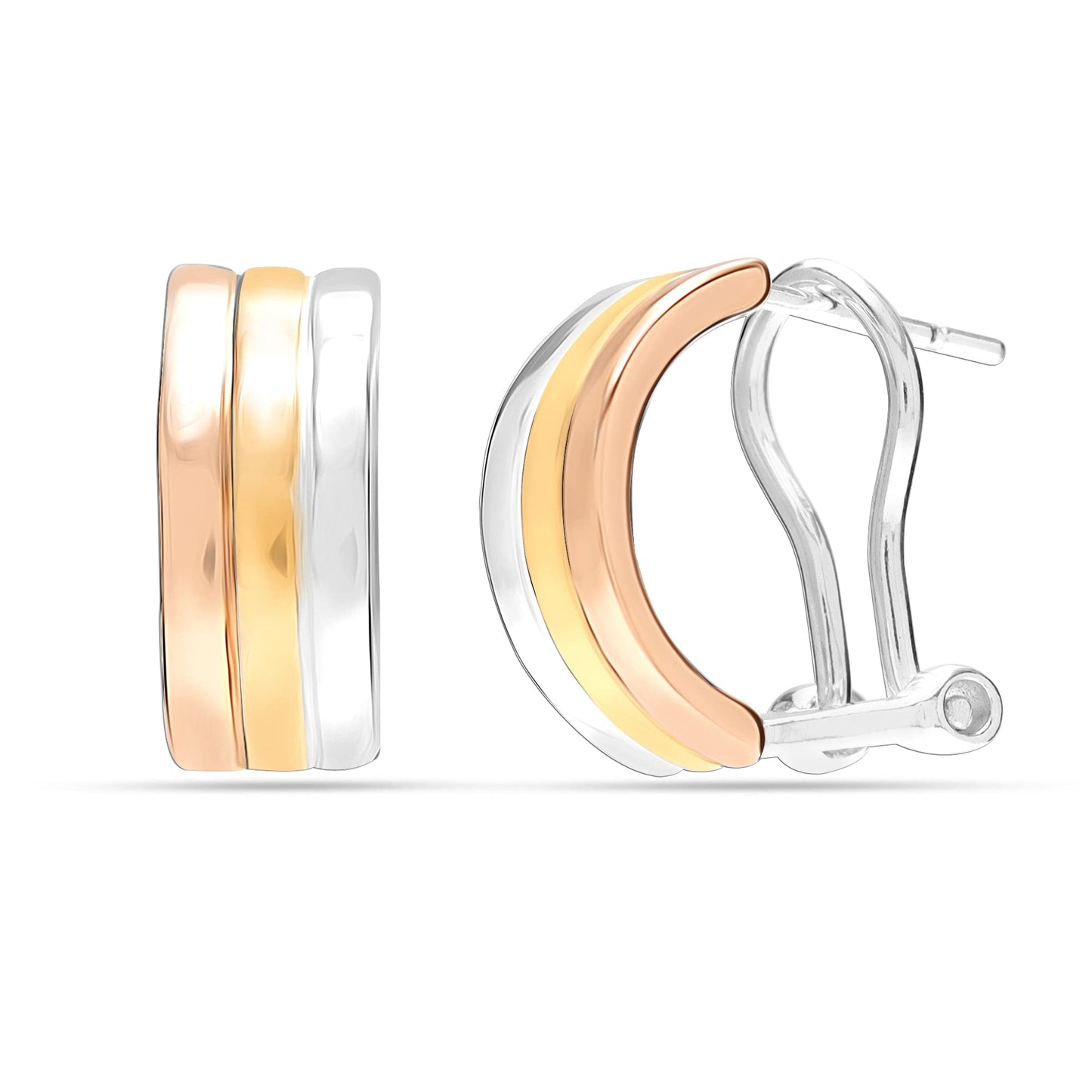 LeCalla 925 Sterling Silver Omega Back Earrings Three-Tone C Shape Curve Clip-On Medium Stud Earrings for Women - 15MM
