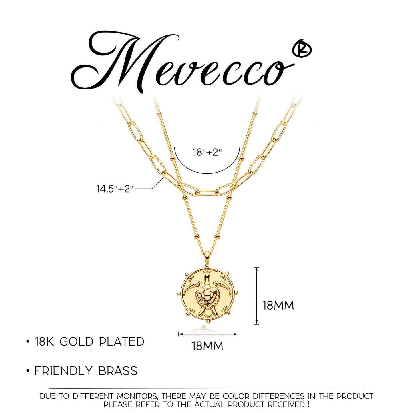 MEVECCO Gold Layered Choker Necklace for Women, 18K Gold Plated Cute Dainty Round Coin Turtle Pendant Satellite Chain Minimalist Choker Necklace for Jewelry