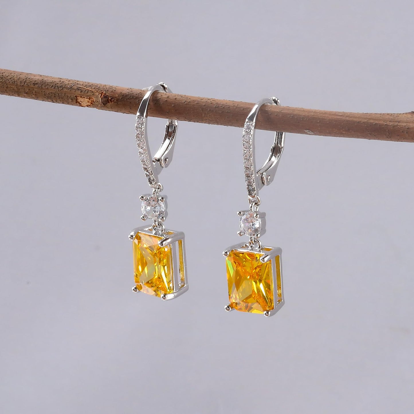 CiNily Leverback Earrings for Women Rectangular-cut Drop Dangle Earring Hypoallergenic, 14K White Gold Plated Yellow Cubic Zircon Earrings Diamond Dangle Ear Rings Jewelry Birthday