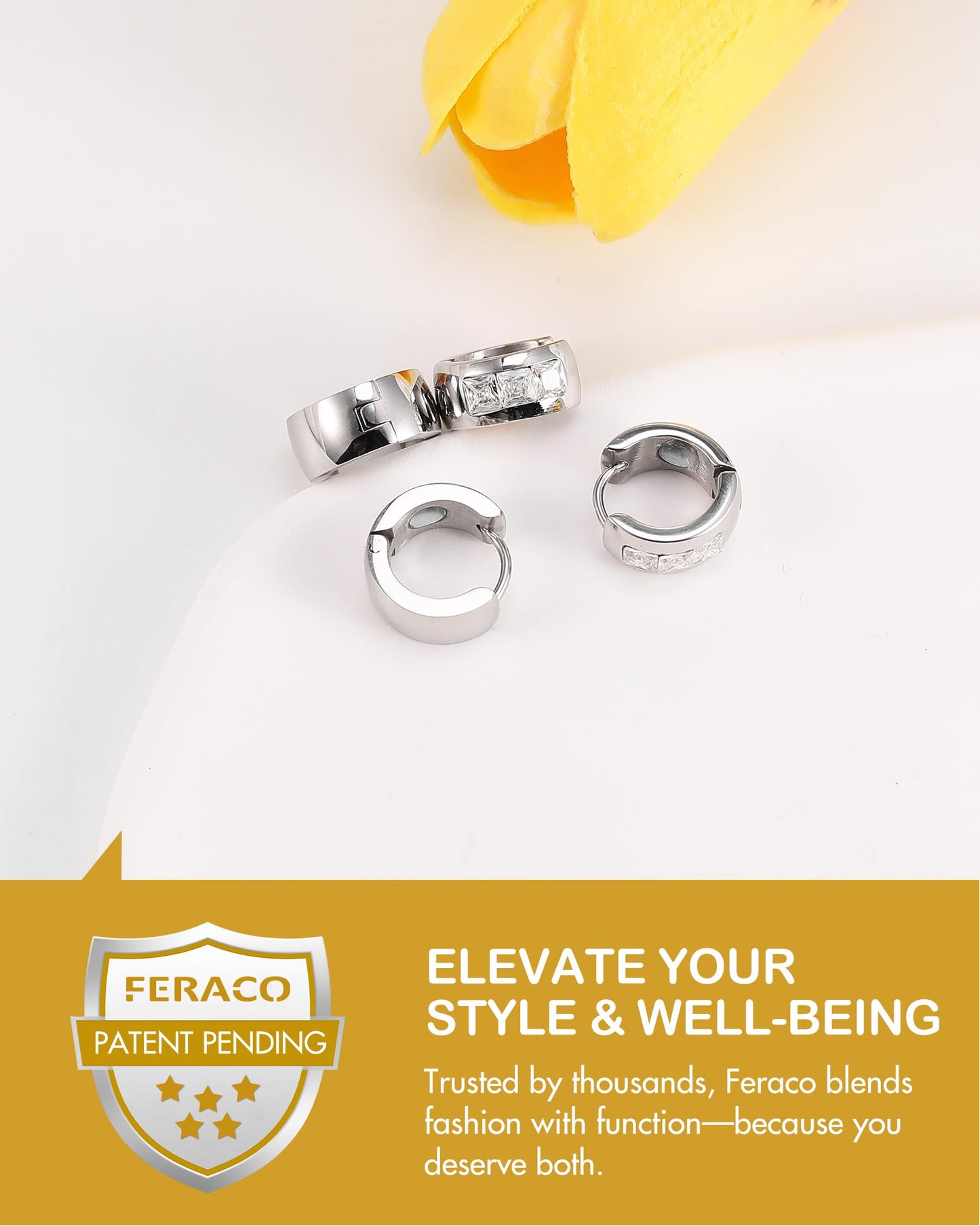 Feraco Magnetic Hoop Earrings for Women with 3500 Gauss Neodymium Magnet & Sparkling Cubic Zirconia, Stainless Steel Magnetic Therapy Jewelry, Ear Acupuncture