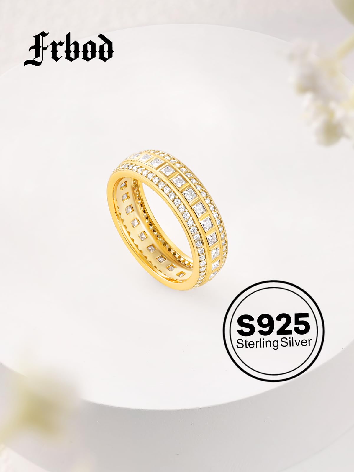 Frbod Women's Diamond Ring Eternity Moissanite Band Gold Plated Bezel Diamond Bands Engagement Gifts for Wife Size 5