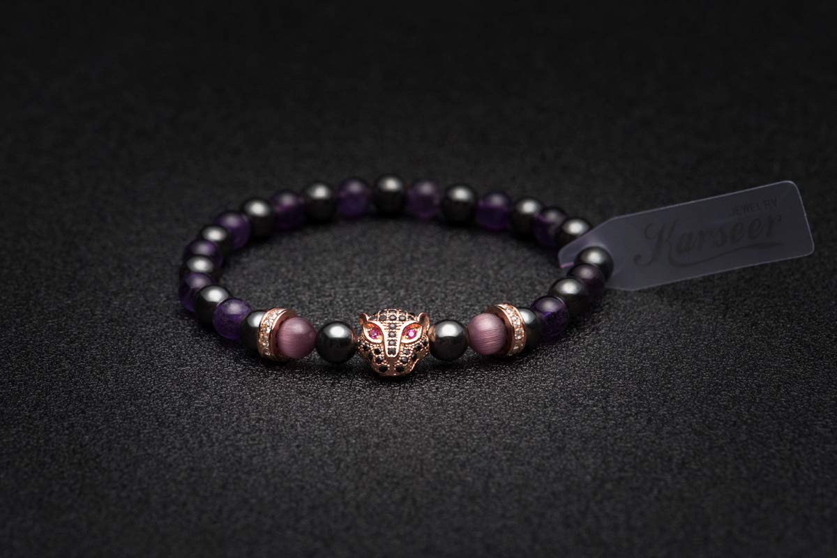 Karseer Womens Black Panther Gemstone Bracelet, 6MM Natural Crystal and Magnetic Energy Beaded Elastic Bracelet, Handmade Prayer Meditation Bracelet (Rose Gold)