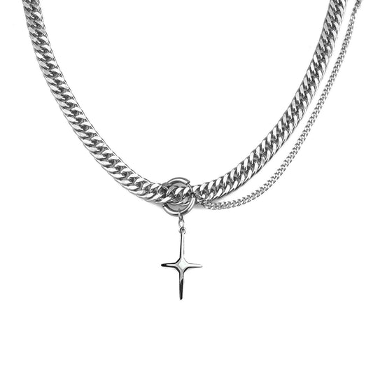 Buyongwant Star Pendant Irregular Necklace for Women Double Woven Chain Y2k Advanced Aesthetic Versatile Hip Hop Fashion Silver Titanium Steel
