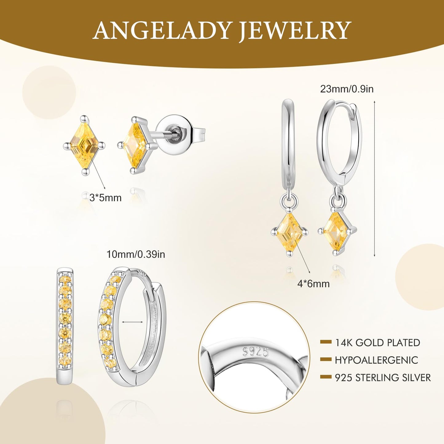 3 Pairs Sterling Silver Hoop Earrings Set for Women, Silver Hypoallergenic Yellow Earrings for Multiple Piercing, Dainty Citrine Diamond Huggie Dangle Earring Stacks Trendy Jewelry Gifts