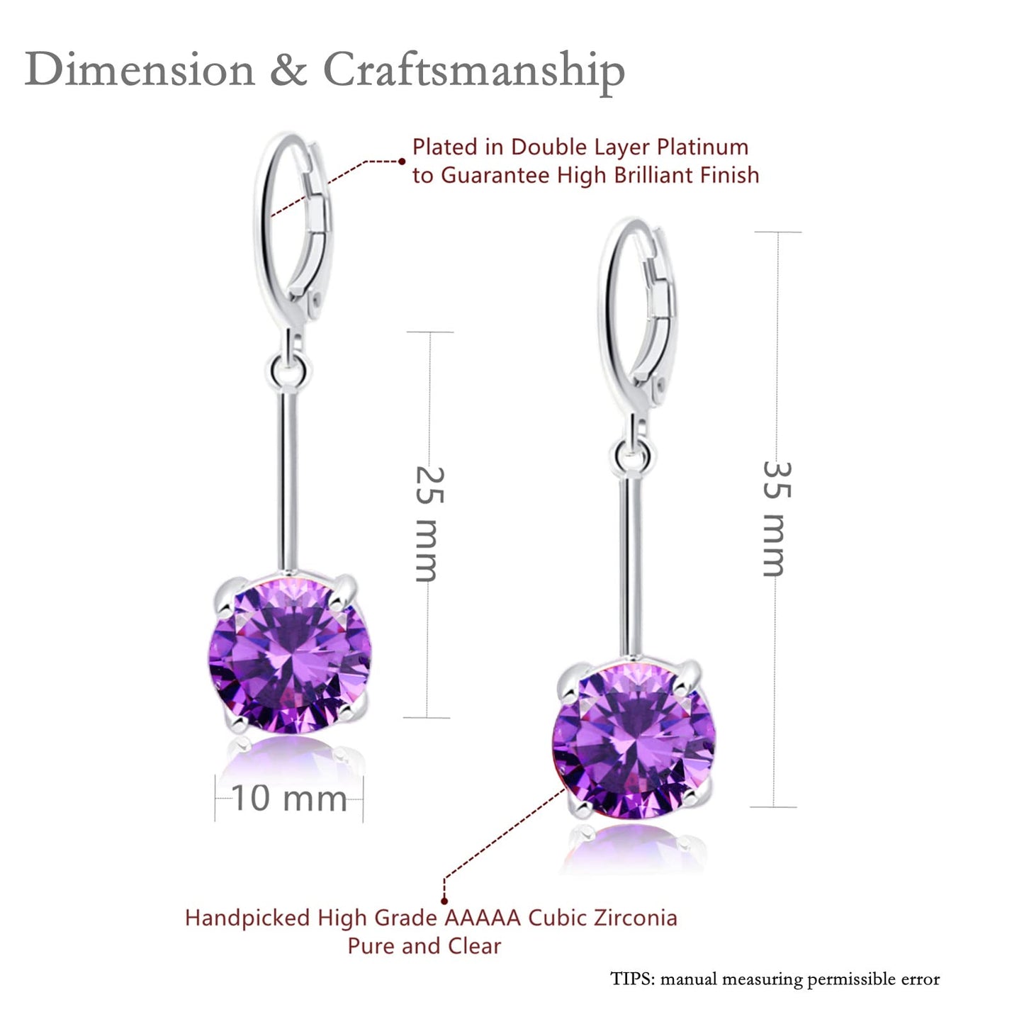 VONSSY Gemstone Drop Dangle Earrings | Platinum /Gold Plated Leverback Crystal Cubic Zirconia Hanging Red /Pink/Blue Earrings (Purple-Platinum)