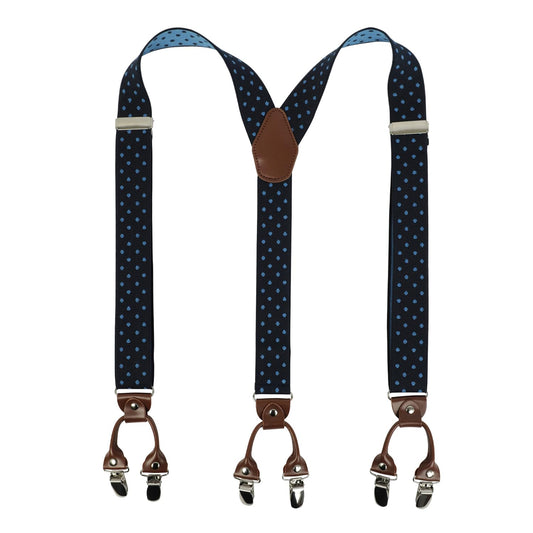 LEHOMU Suspenders for Men with leather 6 Heavy-Duty Clips, 1.4 Inches Wide Men's Suspenders Y-Back Adjustable Elastic Fit for Work or Casual Wear，Tibetan Blue Dots