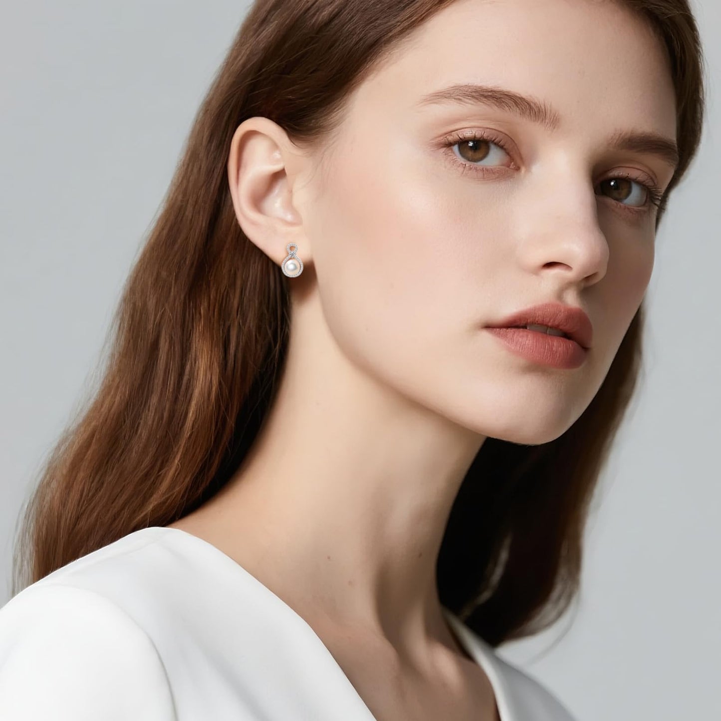 BAMIKI S925 Sterling Silver Infinity Pearl Earrings Stud for Women, Genuine Quality 8-8.5mm Round Akoya Cultured White Pearls, Hypoallergenicity Jewelry Gifts for Mother Wife Bridal