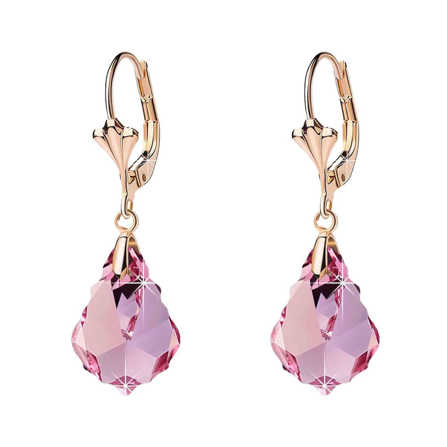 Austrian Crystal Baroque Drop Leverback Earrings for Women Fashion 14K Gold Plated Hypoallergenic Jewelry (Pink)