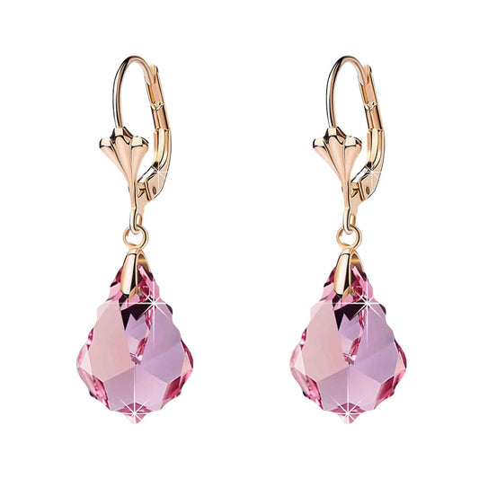 Austrian Crystal Baroque Drop Leverback Earrings for Women Fashion 14K Gold Plated Hypoallergenic Jewelry (Pink)