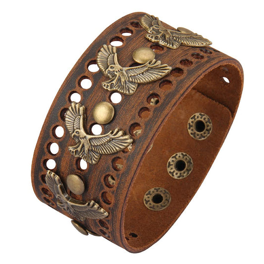 Jeilwiy Brown Leather Bracelet Mens Wide Bracelet Brown Eagle Cuff Bracelet Wrap Bangle Punk Leather Bracelet
