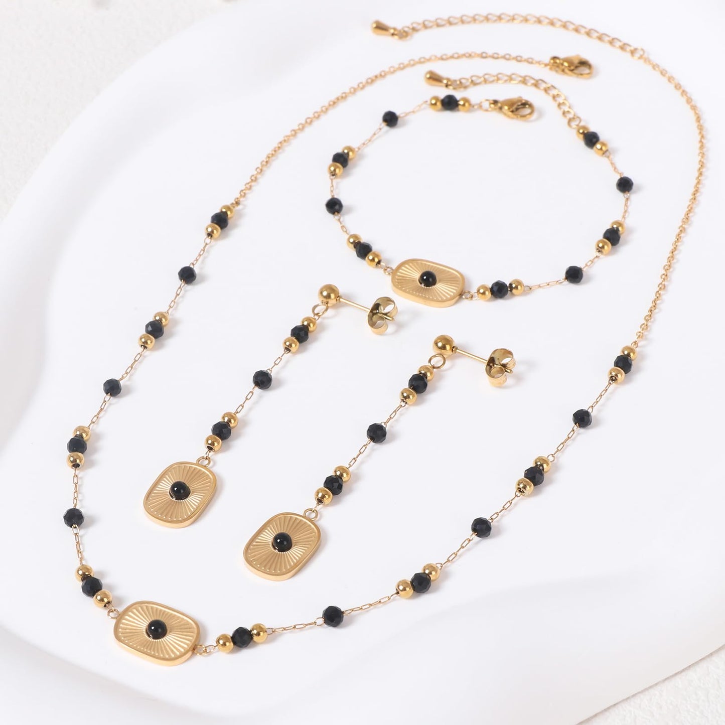 TaYolnFaSo Natural Black Agate Jewelry Set for Women 18K Gold Plated Sun Disk Black Agate Necklace Earrings Bracelet Set Gift for Girlfriend