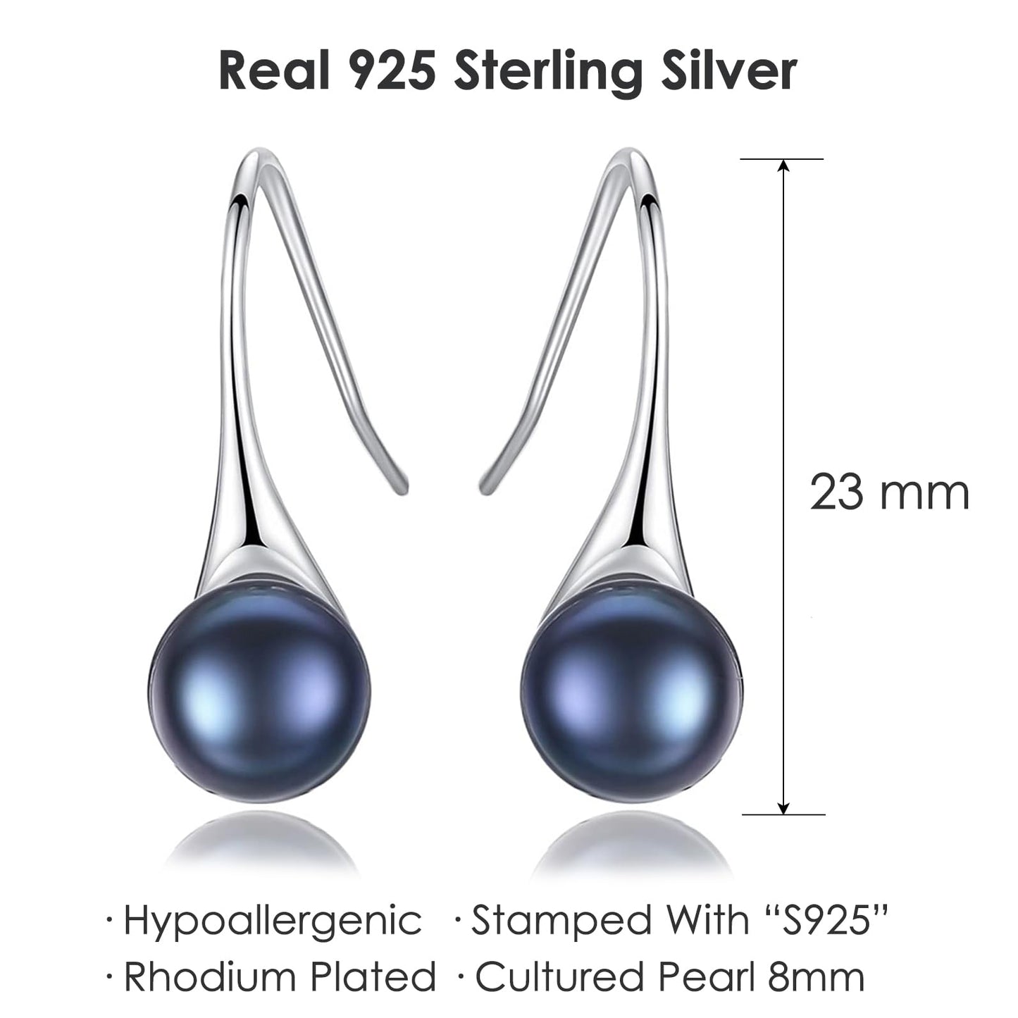 S925 Sterling Silver Freshwater Cultured Pearl Dangle Drop Earrings for Women AAA+ Quality 8mm Black Pearl Women's Earrings