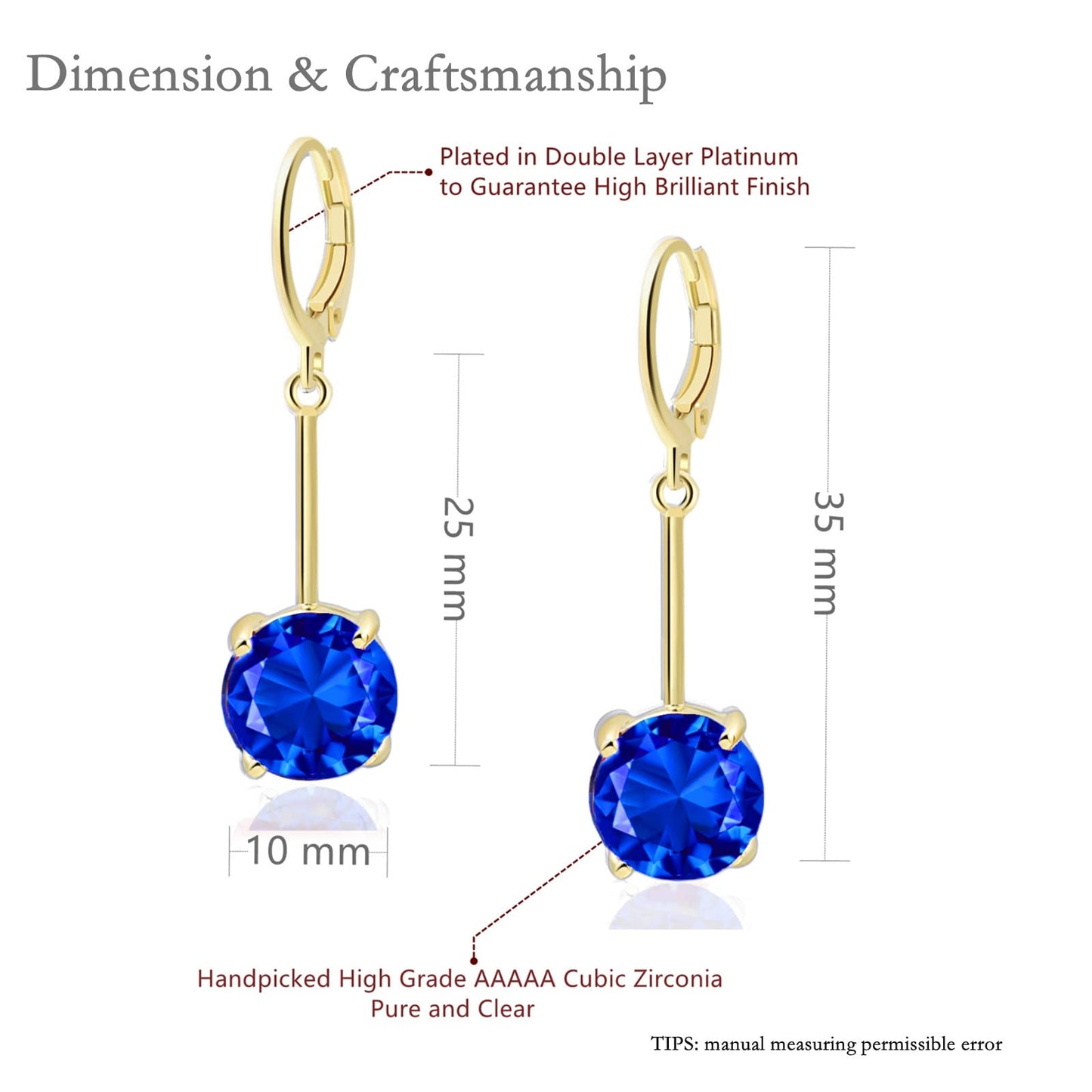 VONSSY Gemstone Drop Dangle Earrings | Platinum/Gold Plated Leverback Crystal Cubic Zirconia Hanging Red/Pink/Blue Earrings (Sapphire Blue-Gold)